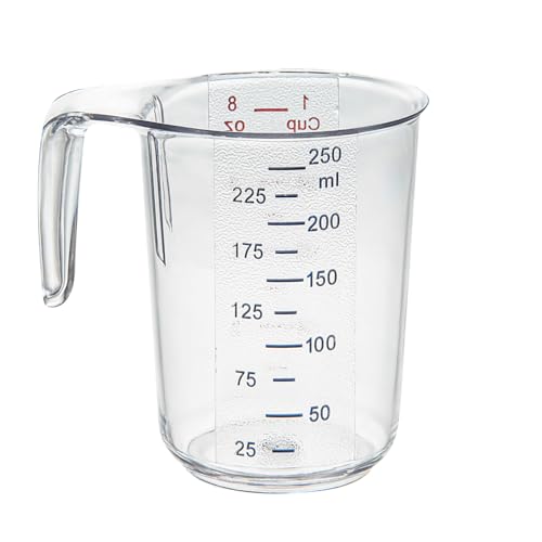 Restaurantware RW Base 1 Cup Measuring Jar 1 Durable Measuring Beaker - Metric And Imperial Units Handle With Thumb-Grip Design Clear Plastic Measuring Cup Tolerates Up To 248F - color: Clear, size: 3.75" × 3.00" × 3.75"