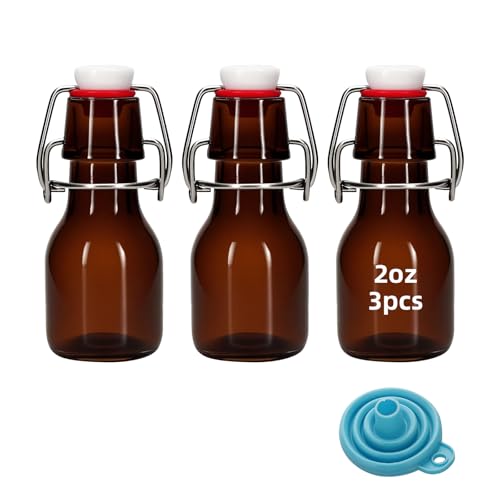 3Pcs 2oz Swing Top Glass Bottles,Flip Top Glass Bottle with Lids Sealable Kombucha Bottle for Brew Beer Syrup Vanilla Extract Air Tight Bottles (Amber) - color: Amber