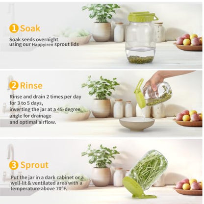 Happyiren Sprouting Lid Kit for Wide Mouth Mason Jars, 2-Pack (3.38"/86mm) | BPA-Free; One-Piece Sprouting Lids with Built-In Stand, Seed Germination Jar Sprouter Lid, Fits Wide Mouth Jars - color: Green