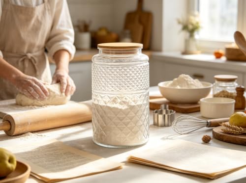 Prettidecor 1 Gallon Large Airtight Glass Storage Jars with Bamboo Lid, Kitchen Pantry Bathroom Laundry Room Organizer Canisters for Flour Rice Sugar Pasta Coffee Bean Cookies Popcorn Bath Salts