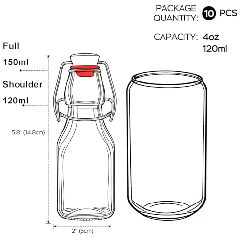 ZEBEIYU Swing Top Glass Bottles 4 oz With Flip Airtight Lids for Home Brewing, Beverages, Oil, Vinegar, Water, Soda, Kefir, Limoncello, Homemade liquor, vanilla（10 Pack - size: 4 oz