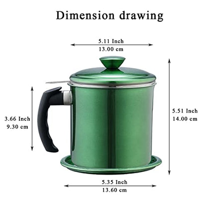 Kyraton Bacon Grease Container With Strainer, 48 oz Metal Shining Green Coating Oil Container, Pot Fat Storage With Lid, Easy Grip Handle Suitable For Storing Frying Oil And Cooking Grease - color: 3. Metal Green