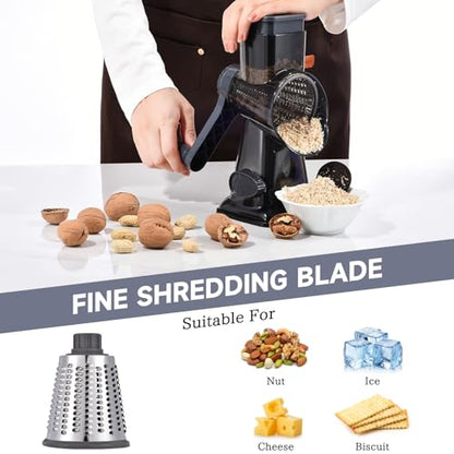 Rotary Cheese Grater with Handle Kitchen Shredder Slicer Grater Slicer Ice Shaver Cheese Vegetable Nuts Potato Zucchini Chocolate 3 Interchangeable Blades (Grey TSP) - color: Dark Grey TSP
