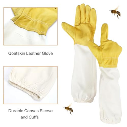 Lawei 3 Pairs Beekeeping Gloves, Goatskin Leather Beekeeper's Glove with Ventilated Canvas Long Sleeves, Thick Protected Bee Glove for the Beginner Beekeeper Hand Protection, Elastic Cuffs Vented