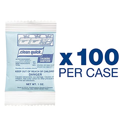 Clean Quick Professional Bulk Powdered Chlorine Dish Sanitizer for Commercial Use, 1 oz. Packets (Case of 100)