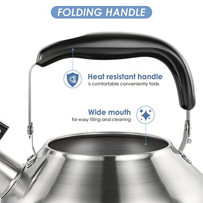 4.2 Quart/4L Large Whistling Tea Kettle, 304 Stainless Steel Brushed Satin, Fast Boil for Induction & Gas Stoves - size: 4.2 Quarts