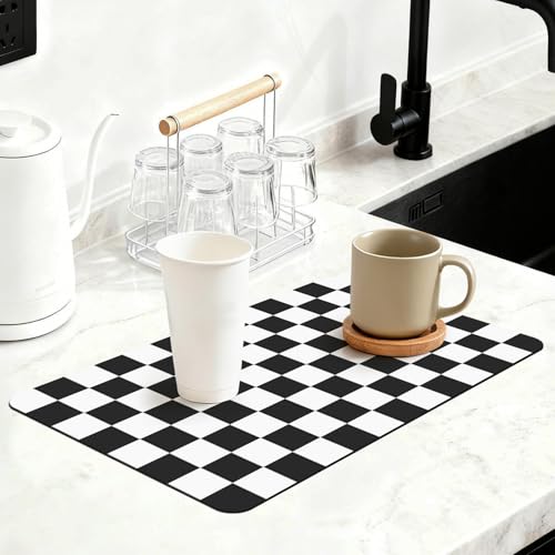 16" x 24" Checkered Dish Drying Mat for Kitchen Counter, Absorbent Coffee Bar Mat for Espresso Machine Coffee Countertops Accessories, Black - color: Black, size: 16" x 24"