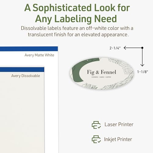 Avery Dissolvable Oval Labels, Sure Feed Technology, 1-1/8" x 2-1/4", Matte White, Print-to-The-Edge, Laser/Inkjet Printable, 105 Labels Total - style: 105 labels
