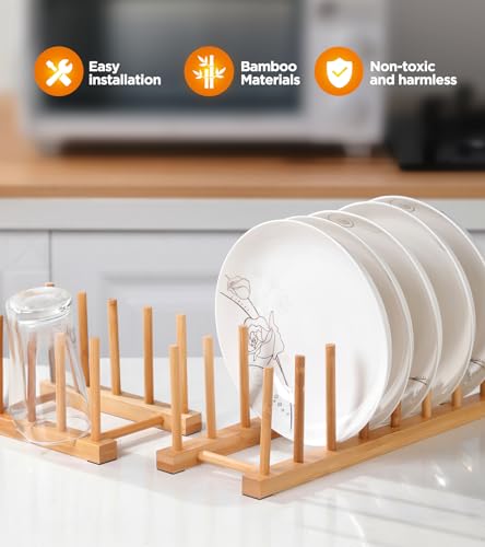 Bamboo Dish Drying Rack, 2 Pack Wooden Storage Holder Organizer for Plate/Bowl/Cup/Book/Pot/Lid/Cutting Board Drying Rack Stand Holder