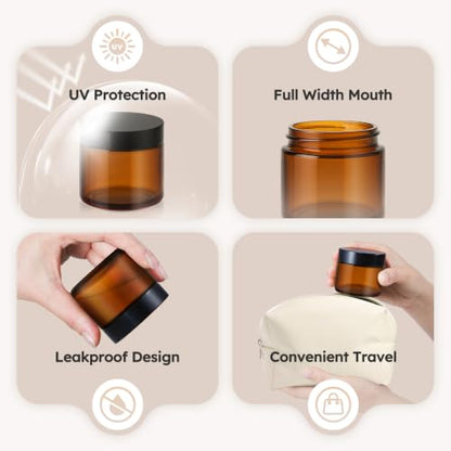 2 oz Glass Jars with Lids, 60 Pack Amber Small Glass Jars with Black Lids Leakproof Round Airtight Empty Cosmetic Travel Containers with Inner Liners For Lotions Powders and Candle Making - color: Amber-Black Lids, size: 2 Ounces