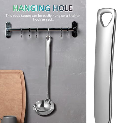 MAGICLULU Soup Ladle with Pouring Spout 12.00 Inch Long Handle Soup Spoon Deep Serving Spoon for Gravy Hot Pot Restaurant Kitchen Serving Utensil Hanging Hole