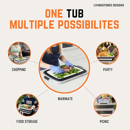 Livingstones Designs 6-in-1 BBQ Prep Tub Set: 16L Collapsible Station with Locking Lid, Thermal Bag, Meat Shredder Claws, Heat-Resistant Basting Brushes, Stainless BBQ Tong & Forks for Grilling & More
