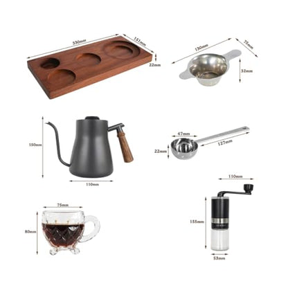 Pour Over Coffee Set, 5-in-1 Kit: 28oz Gooseneck Kettle with Thermometer, Grinder, 2 Glass Cups, Scoop & Wood Tray – Gift for Home Office Camping (Grey Box 5)
