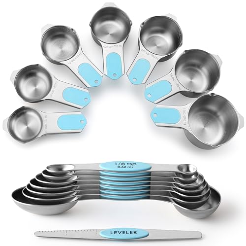 Spring Chef Magnetic Measuring Cups & Spoons Set, Patented, Strong Magnets, Heavy Duty Stainless Steel Fits in Spice Jars for Baking & Cooking, BPA Free, Round Set of 15 with Leveler, Aqua Sky - color: Blue (Aqua Sky), size: Set of 15