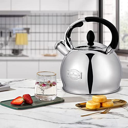 SUSTEAS Stove Top Whistling Tea Kettle - Food Grade Stainless Steel Teakettle Teapot with Cool Touch Ergonomic Handle, With 1 Silicone Pinch Mitt Included,2.64 Quart(SILVER) - color: Silver