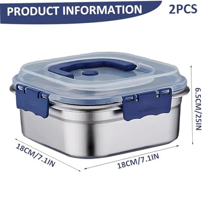 2PCS Stainless Steel Containers with Lids, 1.8L Airtight Marinade Container with Handle & Buckle Oven Safe for Roasting, Brining, Meal Prep, Storing