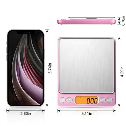0.01g High Precision Kitchen Food Scale, Diyife 500g Portable Digital Scale with LCD Display, Tare, Multifunctional Gram Scale Weight for Cooking, Baking, Jewelry, 2 Tray, Batteries Included, Pink - color: Pink
