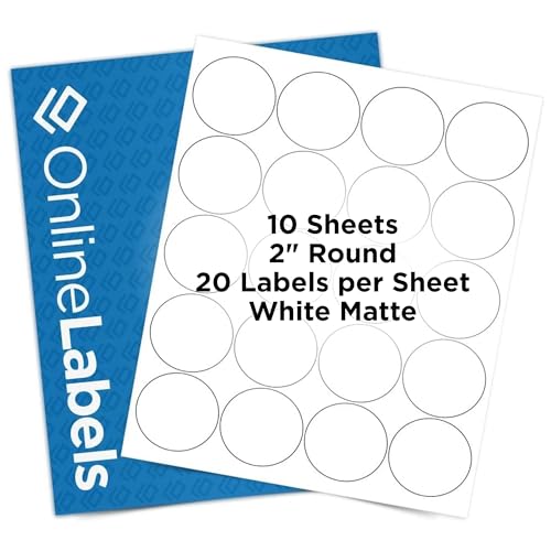 2 Inch Round Labels - Permanent, White Matte - Candle, Lid, Product, Favor Labels - Pack of 200 Circle Stickers, 10 Sheets - Inkjet/Laser Printers - Online Labels - size: 10 Sheet Pack