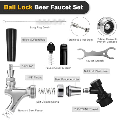Ball Lock Keg Tap Faucet & Dual Hold Stable 0-60PSI CO2 Regulator Set, Stainless Steel Core Self-Closing Beer Faucet & Portable Beer Keg Regulator with Ball Lock Quick Disconnect for Homebrew