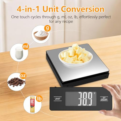 Kitchen Scale with Detachable Display Wireless Stainless Steel Digital Food Scale, 11lb/5kg, 1g Precision, Backlit LCD, Tare Function for Baking, Coffee Brewing & Cooking, Metallic/Black - color: Stainless Steel