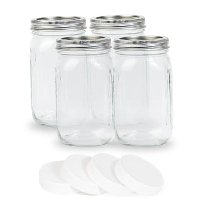 Yodecy 4 Pcs 32 oz Clear Wide Mouth Mason Jars with Airtight Lids and White Plastic Lids, Canning Jars for Overnight Oats, Food Storage and More - color: clear
