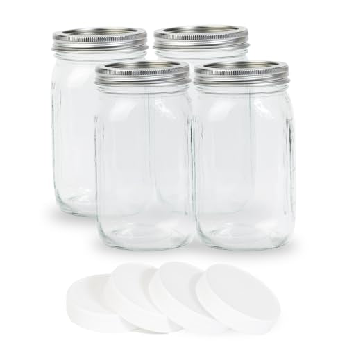 Yodecy 4 Pcs 32 oz Clear Wide Mouth Mason Jars with Airtight Lids and White Plastic Lids, Canning Jars for Overnight Oats, Food Storage and More - color: clear