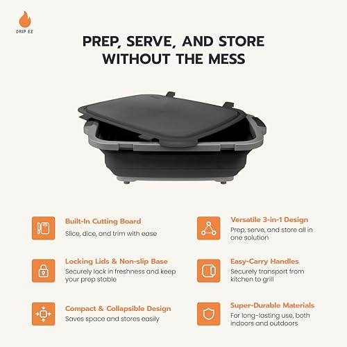 Drip EZ Collapsible BBQ Prep Tubs 3-Piece Set - For Meal Prep Marinating Food Storage - Includes Cutting Board & Lid - (1) JR + (1) OG + (1) XL - Sandstone - color: Sandstone