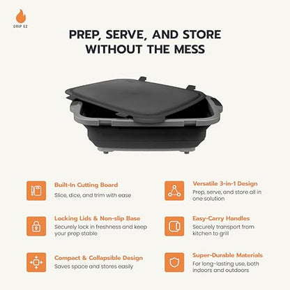 Drip EZ Collapsible BBQ Prep Tubs 3-Piece Set - For Meal Prep Marinating Food Storage - Includes Cutting Board & Lid - (1) JR + (1) OG + (1) XL - Sandstone - color: Sandstone