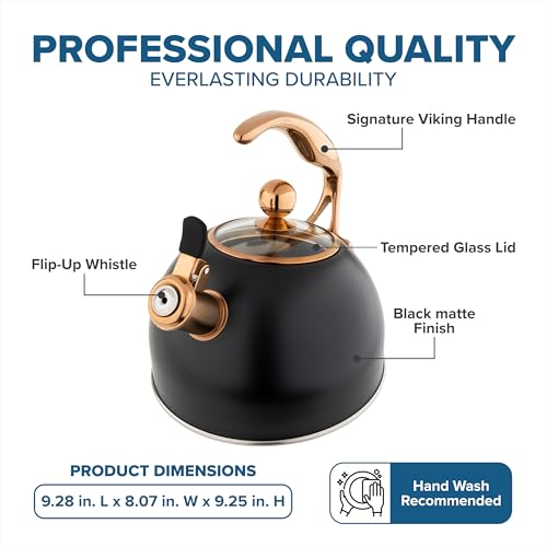 Viking 3-Ply Stainless Steel Tea Kettle, 2.6 Quart Stovetop Hot Water Pot with Tempered Glass Lid, Ergonomic Handle, Induction Ready, Matte Black and Copper - color: Matte Black and Copper