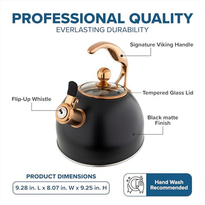 Viking 3-Ply Stainless Steel Tea Kettle, 2.6 Quart Stovetop Hot Water Pot with Tempered Glass Lid, Ergonomic Handle, Induction Ready, Matte Black and Copper - color: Matte Black and Copper