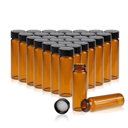 PEKYBIO 20 PCS 40ML Amber Small Liquid Sample Glass Vials with Screw Caps, 27.5mmx 95mm Leak-Proof Vial, 24-400 Black Screw Cap with PE Liners for Lab, Essential Oil, Perfume, Reagents - size: 27.5*95mm 40ml Vial