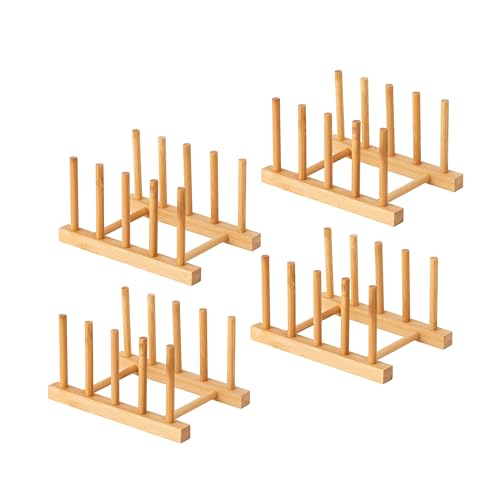 HBlife 4pcs Bamboo Dish Plate Bowl Cup Book Pot Lid Cutting Board Drying Rack Stand Drainer Storage Holder Organizer Kitchen Cabinet（Keep Dry） - color: Bamboo 4 Slots 4pcs