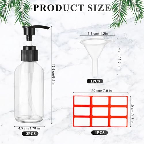 Fumete 2 Pack Glass Bottles 4oz Empty Refillable Liquid Containers with 1 Label 1 Funnel for Essential Oils Hair Travel Plants Cleaning Skin Care(Clear, Black Top,Pump Bottle) - color: Clear, Black Top, style: Pump Bottle