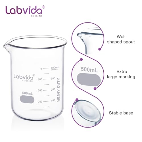 6pcs 500ml Upgrated Thick Glass Beakers, Griffin Low Form Beaker Set with Double Scale, 3.3 Boro, LVA013 - style: 6pcs of Vol.500ml
