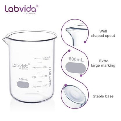 6pcs 500ml Upgrated Thick Glass Beakers, Griffin Low Form Beaker Set with Double Scale, 3.3 Boro, LVA013 - style: 6pcs of Vol.500ml