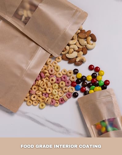 24/7 Bags- 200 Pack, Kraft Paper Stand Up Pouch Bag- 5.5" x 7.8", Resealable Zip-Lock with Front Window, Zero BPA, Easy Tear Notch, Self Stand Up, Food Grade Interior Coating - size: 5.5"x7.8"-200 Count
