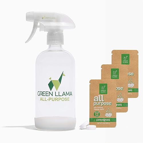 Green Llama Eco-Friendly All-Purpose Cleaning Spray | 16oz Glass Bottle, 3 Refill Tablets | Lemon Grass Scent | Natural, Sustainable, Safe for Home Surfaces | Ideal for Eco-Shoppers - style: Bottle with 3 Refill