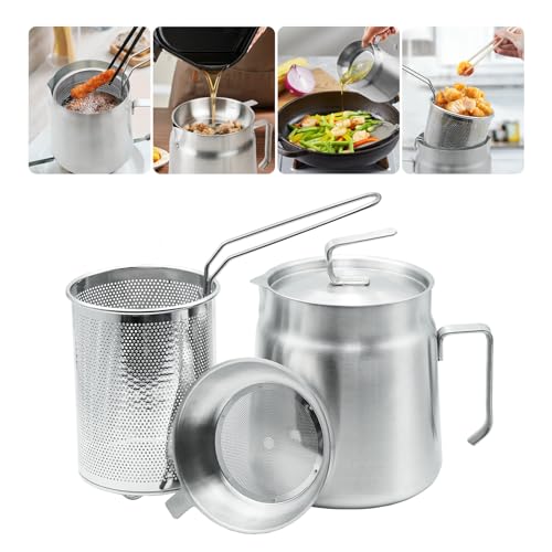 68oz Stainless Steel Oil Filter Pot with Deep Fryer Basket, Stovetop Fryer | Steel Pour Fryer for Fries, Kitchen Large Capacity Versatile Oil Strainer Vessel and Bacon Grease Saver for Cooking Grease