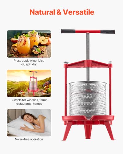 VEVOR 3.69 Gal/14L Fruit Wine Press, Stainless Steel Basket with Cross-beam and Triangular Structure, Manual Juice Maker, Cider Apple Grape Tincture Making Press with T-Handle for Kitchen Home - size: 3.69 Gal