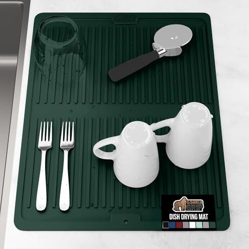 GORILLA GRIP 100% BPA-Free Silicone Dish Drying Mat for Kitchen Counter, 18x16, Quick Dry, Water Catching Ribbed Design, Easy Clean Waterproof Sink Liner, Heat Resistant, Fits Under Rack, Hunter Green - color: Hunter Green, size: 18" x 16", style: Silicon