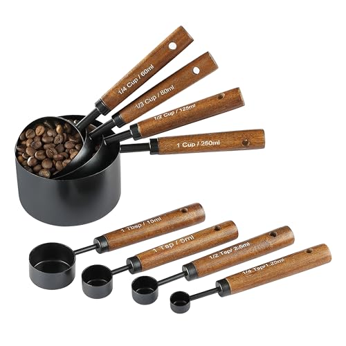 Measuring Cups and Spoons Set, 8PCS Stainless Steel Metal Measuring Cups, Walnut Wood Handle, Black Plated, For Dry and Liquid Ingredients