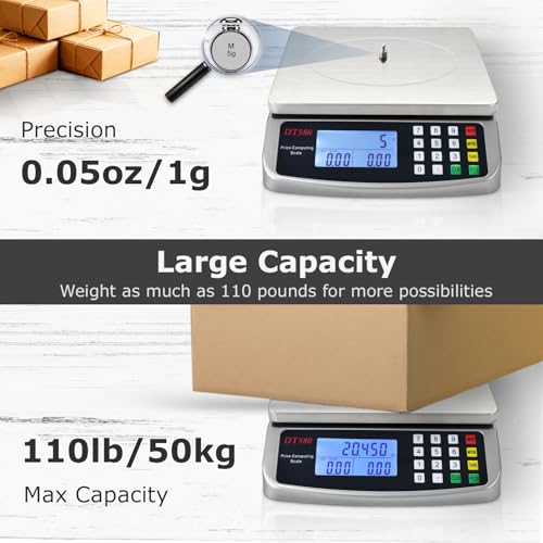 110lb/50kg Food Scale Digital Kitchen Scale with Tray Large LCD Display 304 Stainless Steel Commercial Price Computing Scale Counting Scale for Baking Cooking Meat Industry Counting Adapter Included - color: Silver 50KG with Tray