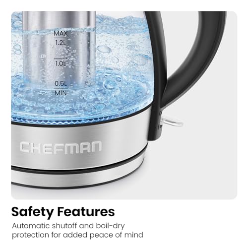 CHEFMAN Electric Kettle - 1.2L 1500W Hot Water Tea Pot with Infuser, BPA Free, Auto Shut Off, Boil-Dry Protection, Removable Lid, LED Light, Cordless Glass Electric Tea Kettle – Stainless Steel - size: 1.2 Liter