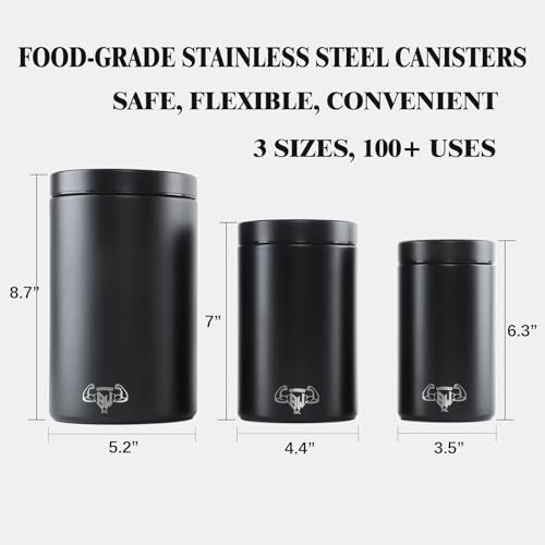 3-Piece Stainless Steel Food Canisters Set (27/47/84oz) | Airtight Metal Kitchen Storage Containers with Screw Lids | Stackable Jars for Coffee, Flour, Sugar & Protein Powder - color: Black