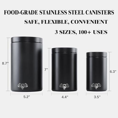3-Piece Stainless Steel Food Canisters Set (27/47/84oz) | Airtight Metal Kitchen Storage Containers with Screw Lids | Stackable Jars for Coffee, Flour, Sugar & Protein Powder - color: Black