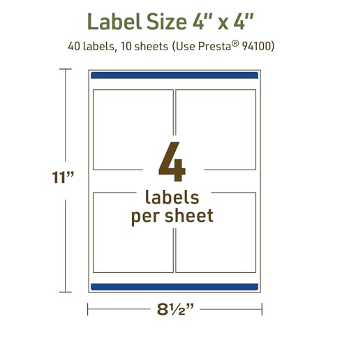 Avery Dissolvable Square Labels, Sure Feed Technology, 4" x 4", Matte White, Laser/Inkjet Printable, 40 Labels Total, Freezer-Safe, Microwave-Safe, Refrigerator-Safe - style: 40 labels