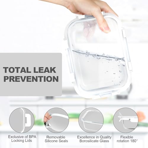 VERONES 10 Pack 22 OZ Glass Meal Prep Containers, Airtight Glass Lunch Containers Set, Food Storage Containers with Lids,BPA Free, for Microwave, Oven, Freezer & Dishwasher Friendly,White - color: White