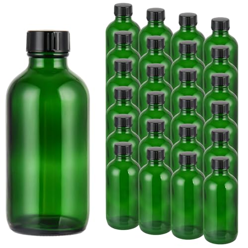 Small Glass Bottles with Lids Boston Round Shot Bottles for Health, Immunity, Ginger Juice, Essential Oils, Potion - Leak Proof Mini Travel Containers (Green UV, 4oz-24Pack) - color: Green UV, size: 4oz-24Pack