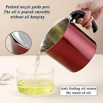 Kyraton Bacon Grease Container With Strainer, 48 oz Metal Shining Red Stainless Steel Oil Container, Pot Fat Storage With Lid, Easy Grip Handle Suitable For Storing Frying Oil And Cooking Grease - color: 4.Metal Red