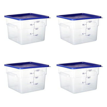 4 Pack 12 Qt Square Polycarbonate Food Storage Containers with Lids | Clear BPA-free PC with lids, side handles, measurement scale and stackable design; for food prep, storage and freezer use. - color: 12Qt